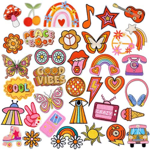 AUGSUN 36 Stück Hippie-Stickerei Patches zum Aufnähen oder Aufbügeln, zufällige Stile für Mädchen, Jungen und Frauen, süße Patches zum Aufnähen für Rucksäcke, Hosen, Kleidung, Jeans