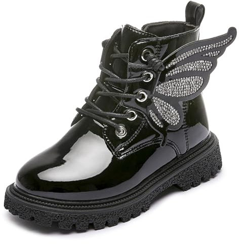 FM2018XSL Stivaletti da Bambina in Vernice con Farfalla, Stivaletti Eleganti per Bambine con Cerniera, Scarpe Casual in Pelle Sintetica(Nero-26)