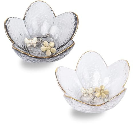 Nideen 2 Pack Jewellery Trinket Dish, 9× 9× 4.2 cm Glass Ring Dish Holder Gifts for Women Small Key Dish for Hallway(Clear, Grey)