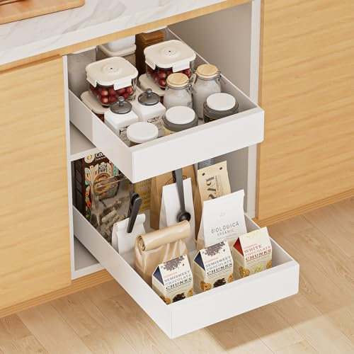 2 Stück Teleskopschublade Küche Ausziehbare Schubladen-Aufbewahrungsregale (25cm B x 43 cm T x 7 cm H) Schublade Ausziehbar für Küche Speisekammer und Bad (Weiß)