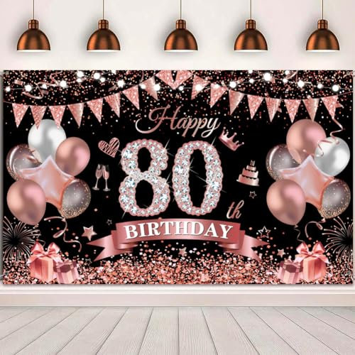 80.Geburtstag Banner Roségold Schwarz Deko 80. Geburtstag Frauen 80 Hintergrund Banner 80 Jahre geburtstagsbanner für 80 Frauen Geburtstag Party Deko