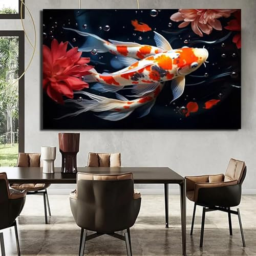 BMGKYAGL Peinture sur toile murale de style chinois avec carpe porte-bonheur, affiche abstraite de poisson, décoration moderne, 50 x 70 cm, sans cadre