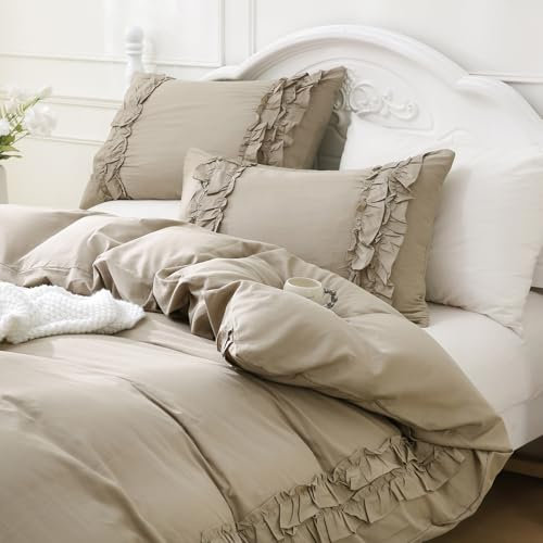 Merryword Bettwäsche-Set mit Rüschen, 100 % Baumwolle, niedliches Spitzen-Bettwäsche-Set, Shabby-Chic-Stil, Bauernhaus, französisches Landhaus-Design, Taupe
