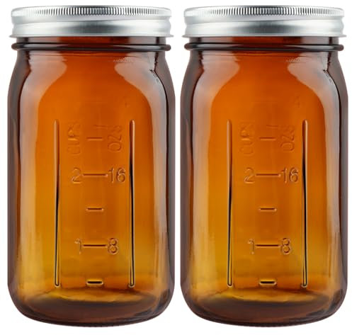 HAYHOI 2 Pack Mason Jars 1000ml, Amber Wide Mouth Canning Jars with Airtight Lids, 32oz Glass Pint Jar with Bands Labels Brush, Large Storage Quart for Jam Fermenting Preserving