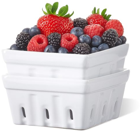 ONEMORE Berry Basket Lot de 2 bols à fruits carrés en céramique avec trous pour réfrigérateur - Corbeille à fruits pour décoration de cuisine - Blanc - 14,7 cm
