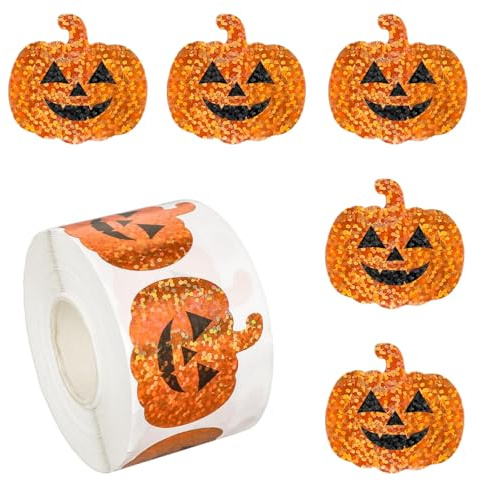 Pegatinas Halloween Niños, 500 PCS Adhesivos de Halloween en Rollo, Pegatinas Halloween, Rollos de Pegatinas Autoadhesivas, para Niños Fiestas (calabaza)