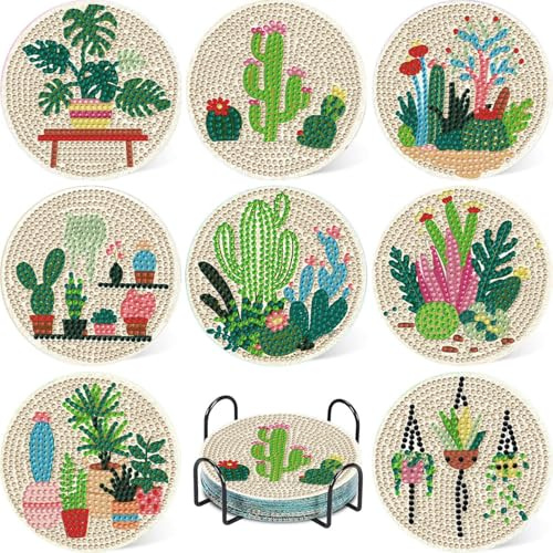 8 Pcs Diamond Art Coasters Kit with Holder, Succulent Diamond Painting Coasters Complete Kit, Gem Art Coaster for Women, Teens and Beginners, Relaxing DIY Craft Gift