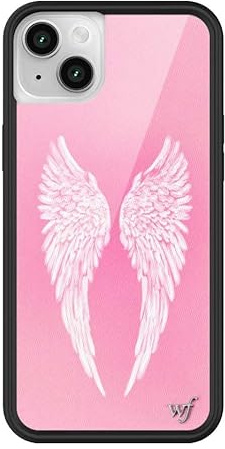 Wildflower Schutzhülle für Apple iPhone 13/14 mit schwarzem Schutzrand, fallzertifiziert bis 120 cm Höhe, von einem frauengeführten Kleinunternehmen, Angel Baby - Pfirsichrosa, weiße Flügel