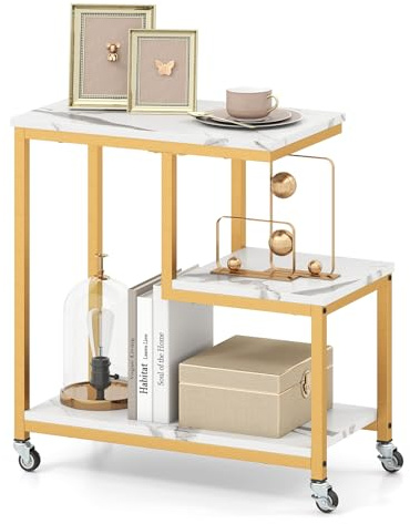 GIANTEX Beistelltisch mit Rollen, Marmoroptik und 3 Ebenen | Rolltisch Sofatisch Couchtisch Kaffeetisch Teetisch Metallrahmen, 59 x 30 x 61 cm, für Wohnzimmer Schlafzimmer Arbeitszimmer