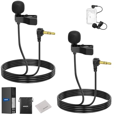 NEEWER LM5 Mini Lavalier Microphone (2 Pack), 6.6ft/2m Clip On Wired 3.5mm TRS Condenser Lapel Lav Mic with Cleaning Cloth Compatible with DJI Mic Rode Wireless Go II NEEWER CM28 CM31 Camera