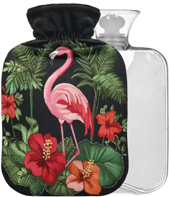 Flamingo Flower Black Print Hot Water Bottle with Cover 2L Large Warm Water Bag for Hot Cold Therapy Pain Relief Back Pain