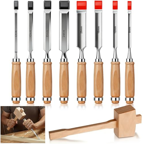 Lanties 9 Pack Wood Carving Chisel Set, Chromium Molybdenum Steel Beveled Edge Bench and Round Chisel, Solid Beechwood Hammer Set for Wood Carving