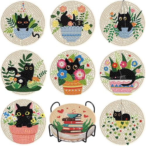 WEMEON 8 Stück Diamond Painting Untersetzer, Katze DIY mit Halter, Kreativ Mosaik Basteln für Erwachsene, Personalisiertes Anti-Stress Geschenk