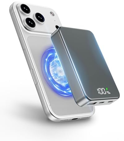 26800mAh Magnetische Powerbank, Mag-Safe-kompatibel, Silbergrau | Aluminiumlegierung, 20W Schnellladung USB-C, Kabelloses tragbares Ladegerät Reisezubehör, Für iPhone 17/16/15/14/13/12 Serie