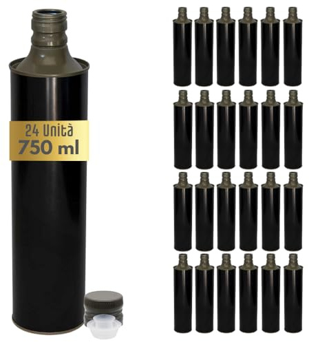 acquaverde | 24 Bottiglie in Latta 750 ml per Olio di Oliva, Contenitore Alimentare, NUOVO Design Elegante, Incluso Tappo Prefilettato in Metallo con Salvagoccia
