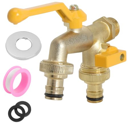 1 grifo doble de 1/2 pulgadas para jardín, de latón, resistente a las heladas, con distribuidor de agua de 2 vías y conexión de manguera, grifo doble para riego, limpieza, lavadora, terraza, patio