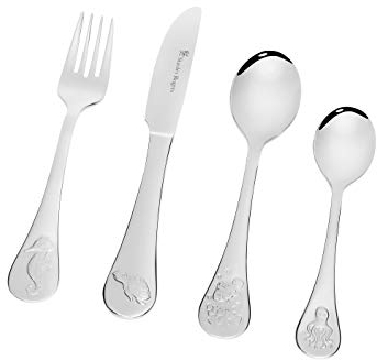 Stanley Rogers Kinderbesteck Meerestiere, hochwertiges Essbesteck für kleine Hände, Besteck aus rostfreiem und hochwertigem Edelstahl, Servierbesteck in Geschenk Box (Farbe: Silber),Menge:1x4er Set