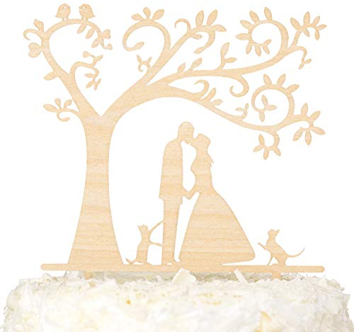 LOVENJOY Hochzeitstorte Topper Rustikal Holz Braut und Bräutigam mit Zwei Katzen Tortendeko Hochzeit Deko, Geschenkbox