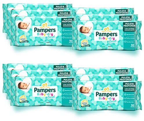 Pampers Baby Fresh Reinigungstücher, feuchtigkeitsspendende und sanfte Formel zur Wiederherstellung des pH-Werts der Haut, 50 Stück (12 Stück)
