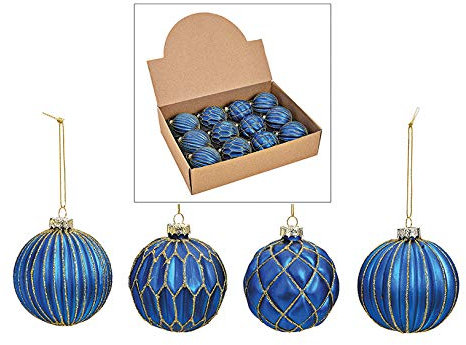 MC-Trend 12er Set edle Luxus Glas Weihnachtskugeln Ø 8cm Weihnachtsbaum Kugeln Christbaumkugeln Weihnachts Deko (BLAU Gold)