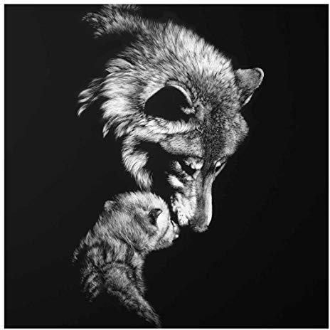 Bilderwelten Glasbild Moderne Kunst Wolf vor Schwarz Wandbild Glas Quadratisch, 50x50 cm