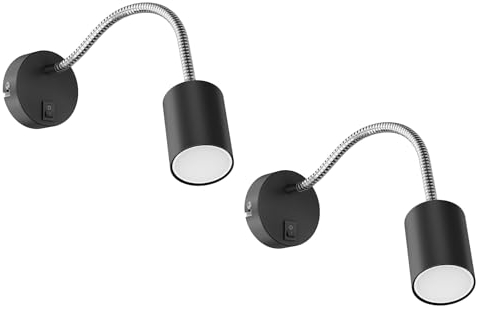 ledscom.de 2 Stück Leselampe WAIKA mit Schwanenhals und Schalter schwarz + GU10 LED Lampe warm-weiß 3-Stufen Dimmen: je max. 500lm