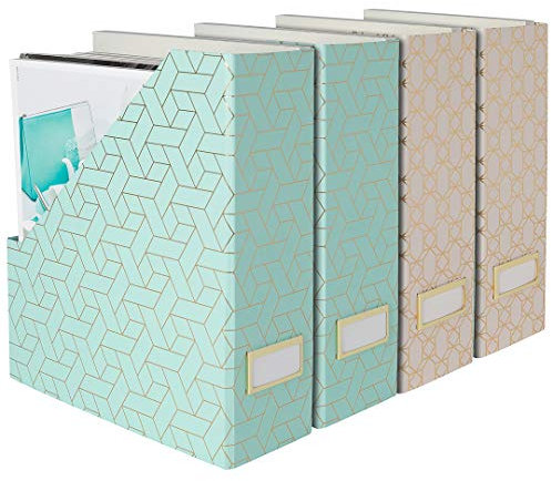Blu Monaco Set mit 4 faltbaren niedlichen Zeitschriftensammlern mit goldenen Etikettenhaltern - 2 rosa und 2 Aqua mit lustigen goldenen geometrischen Mustern - Stilvolle und langlebige
