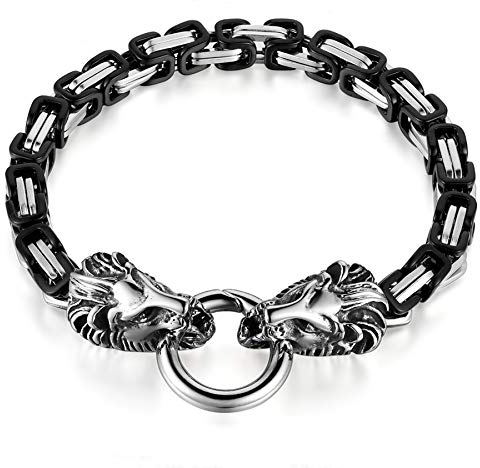 Flongo Herren Armband Männer Königskette Armreif Armkette Löwenkopf Fahrradkette Motorradkette Silber Schwarz Biker Herren-Accessoires