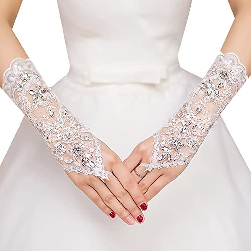 Brautaccessoires, Damen Spitze Handschuhe,Braut-Handschuhe,Elegante fingerlose Brauthandschuhe im Retro-Stil, Weiß, Satin-Spitzen-Handschuhe ohne Finger, Verzierung