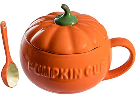 Zerodeko Ceramic Pumpkin Bowl Porcelain Sugar Bowls with Lid and Spoon Pumpkin Shape Pudding Cup Ceramic Coffee Mug Food Serving Dishes for Home Halloween