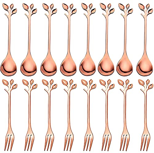Comicfs 16Pcs Stainless Steel Rose Gold Leaf Coffee Cake Spoon Fork-4.7'' Creative Tableware Dessert Spoons, Stirring, Mixing, Sugar, Stir, Ice Cream,Fruit,Cake, Teaspoon Set(8Spoons 8Forks,Rose Gold)