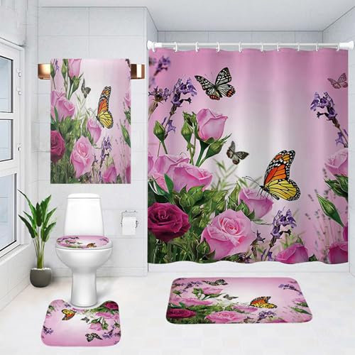 Mightree Badezimmer Duschvorhänge Sets 5 Stück Wasserdichter Stoff Badezimmervorhang mit 12 Haken, WC-Deckelbezug und Badematte, rutschfester Teppich Fußmatte, Strandtuch, Rosa Schmetterling, Groß