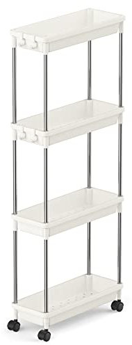 Lifewit Slim Storage Trolley, 4 Tier Slide-Out Cart Utility Rack Shelf Organiser with Wheels for Bathroom Kitchen Laundryroom Bedroom Narrow Space Storage Space-Saving, Easy Assembly, White