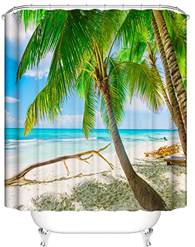 OCEUMACO 3D Strand Motiv Duschvorhang 240x200 Türkis Meer Beige Shower Curtains Textil Antischimmel Wasserdicht Grün Palmen Blätter Duschvorhänge Badewanne Stoff aus Polyester Waschbar