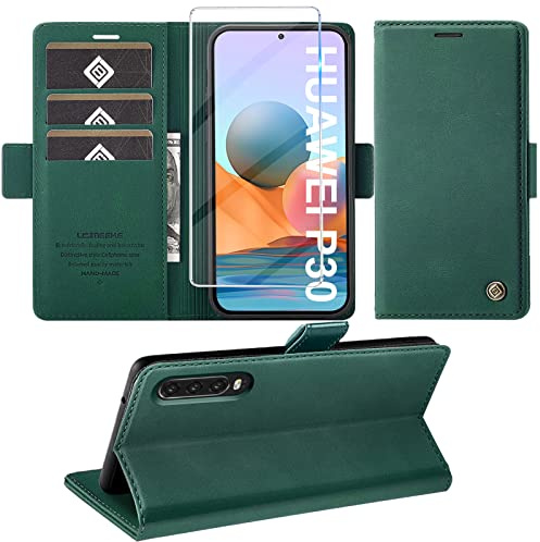 Giyer Handyhülle für Huawei P30 Hülle mit Schutzfolie, Standfunktion Kartenfach Wallet Premium Leder Schutzhülle P30 Flip Case Cover Stoßfeste Klapphülle P30 6.47 Zoll (grün)