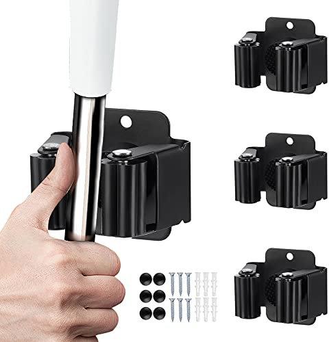 Lot de 3 supports de balai et serpillère, support robuste pour outils de jardin, râteau et pelle en acier inoxydable, fixation murale, vis et autocollant, noir mat
