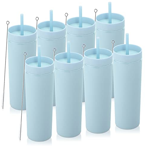 Volhoply 20oz Tumbler with Lid and Straw 8 Pack,Double Wall Plastic Skinny Tumblers Bulk,BPA Free Matte Acrylic Water Cups for Parties(Blue, 8 Set)