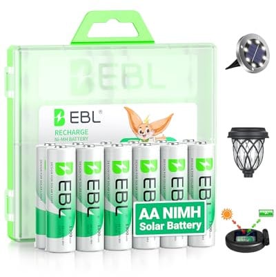 EBL Solar AA Battery Rechargeable Batteries for Outdoor Solar Lights, 1300mAh NIMH Pre-Charged 1.2V Recharge up to 1200x Times for Garden Landscaping String Lights, Pack of 12