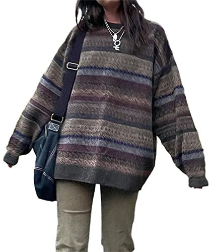 Damen Y2K Argyle Gestreifter Pullover Sweater Casual Langarm Rundhals Vintage Preppy Style Pullover Strickwaren, Grau-A, X-Groß