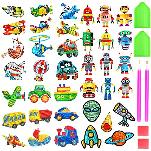 UGBO Diamond Painting Kinder Junge DIY Diamant Painting Bilder Sticker Set 5D Malerei Diamontpating Aufkleber Mosaik Klebebilder für Kinder ab 4 Anfänger Kunst Handwerk Geschenk (38 Stücke)