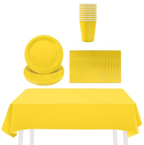 53P Solid Color Yellow Tableware Set Decor,20 Paper Napkins 16 Cups Plates in Yellow,1P Large Plastic Tablecloth Disposable Dinnerware Kit for Him Her Men Women Adults Kids Party Dinnerware Supply