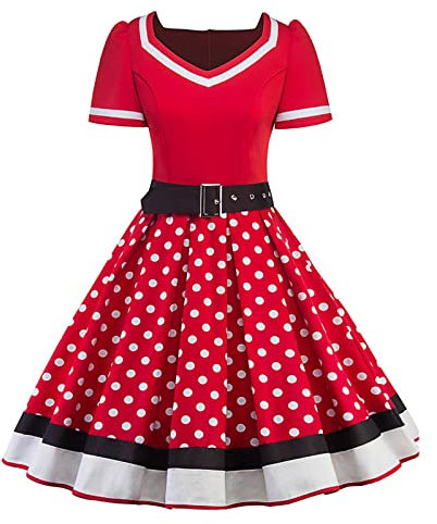 BaoDan Robe de Soirée Femme Chic avec Ceinture Vintage rétro année 50s pin-up Rockabilly Swing à Pois Plissée Manche Courte au Genou A-Line 1-Rouge 3XL
