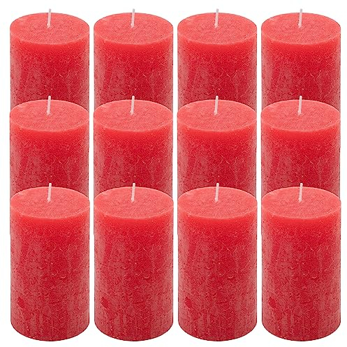 Rustik-Kerze Höhe 11,5 cm Ø 6,8 cm lange Brenndauer Rund-Kerze Säulenkerzen Kerzen-Deko Tafelkerzen Weihnachts-Kerzen Hochzeits-Deko (rot, 12)