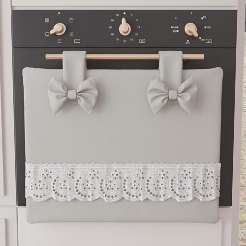 PETTI Artigiani Italiani - Copriforno, Copriforno Elegante, Copriforno Shabby Chic in Tinta Unita con Balza in Pizzo Sangallo e Fiocchi, Copriforno in Cotone, Copriforno 50x42cm Grigio Chiaro