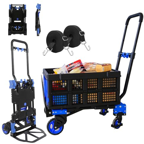 Vikbar handlastbil och dockvagn slitstark 150 kg lastbärande bärbar 2-i-1 konvertibel handlastbil med 4 gummihjul 2 bungee-snören för resor, kontorsanvändning, resor (handlastbil med korg)