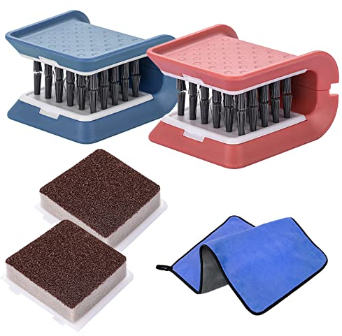 Knife Cleaner, 2 Pack Cutlery Cleaner, Blade Cleaner with 2 Pcs Replacement Sponge Brush Head,Microfiber Cleaning Cloth, for Kitchen Chopsticks Fork Spoon Knives Washing(Blue,Pink)