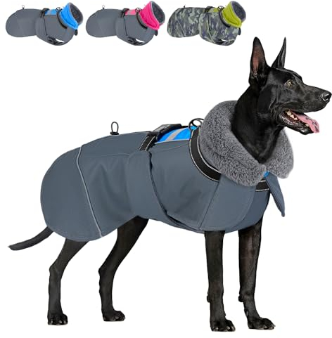 Eyein Hundemantel Winter für Mittlere Hunde, Wasserdicht Hundejacke mit warmem Fleecefutter und Halsband, Winddichter Wintermantel Hund mit Bauchschutz und Verstellbarem Brustriemen, Blau, L