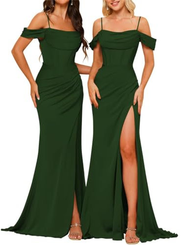Vestido largo de satén para dama de honor para mujer, con tirantes delgados, vestido de graduación con limo, Verde esmeralda., 38