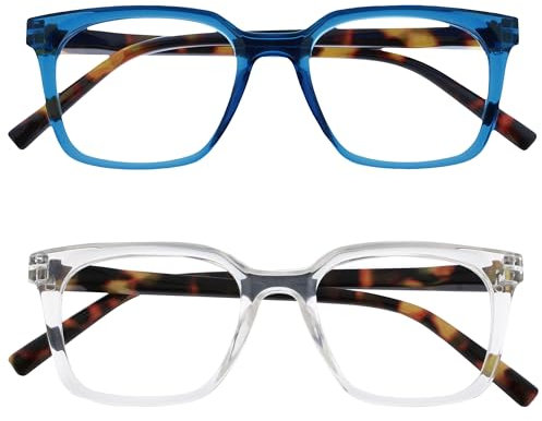 OPULIZE KOI Lesebrille 2er Pack - Große Rechteckige Brillenfassung - Blau-Durchsichtig - Damen, Herren - Federscharniere - RR50-3C - +2.50