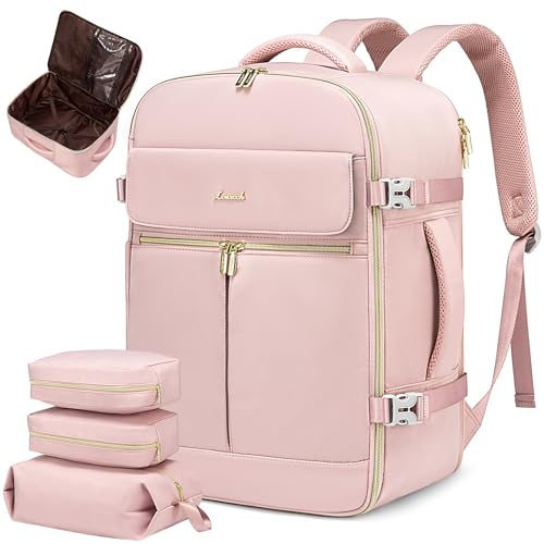 LOVEVOOK Handgepäck Rucksack Damen Herren, Groß 40L Travel Backpack Reiserucksack Flugzeug 17 Zoll Laptoprucksack, Wasserdicht Carry On Luggage Cabin Bag Daypacks für Reisen Rosa